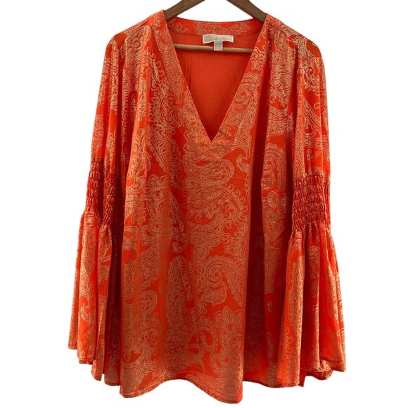 Michael Kors Poppy/Gold Samara Smocked Bell Sleeve Tunic Metallic Blouse Size 2X - Picture 2 of 13